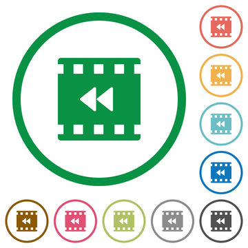 Movie fast backward flat icons with outlines