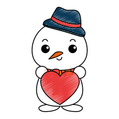 snowman with christmas hat and heart kawaii character