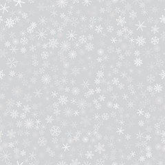 seamless pattern from white snowflakes on the grey background. Texture for cards, greeting, Christmas, new year, holiday, party