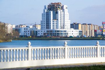 Naklejka premium view of Khmelnitskiy river and tower building. City in sunny summer day