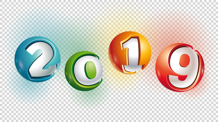 2019 year. Colorful and shine vector 3d numbers on transparent background.