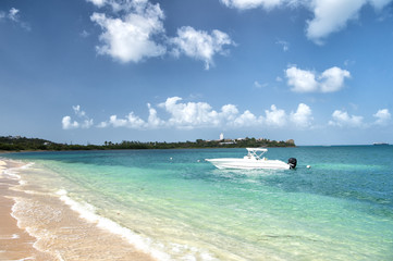 Boat on sea water in Philipsburg, St Maarten