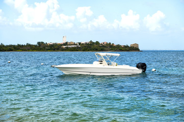 Motorboat at anchor in sea in Philipsburg, St Maarten