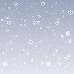 Naklejka na ściany i meble Falling snow on a winter background. Abstract snowflake background for your winter design. Transparent snowflakes. Vector illustration