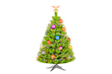 Christmas tree decorated by christmas balls, 3D rendering