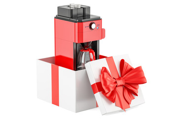 Coffeemaker or coffee machine oven inside gift box, gift concept. 3D rendering