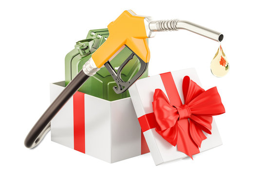 Gas pump nozzle with jerrycan inside gift box, gift concept. 3D rendering