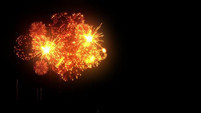 Yellow fireworks as holidays background for New Year, Christmas or other holydays. Beautiful gold firecrackers show are isolated on black ready for compositing. 3d animation pyrotechnic light show.23
