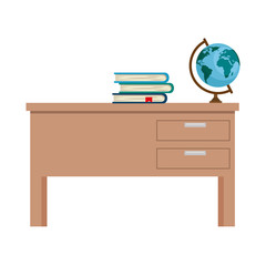 teacher desk with books and planet