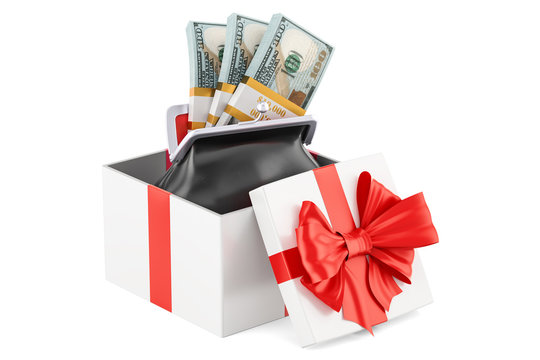 Purse with dollar packs inside gift box, 3D rendering