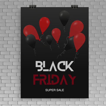 Black friday sale banner template vector design with balloons on a of gray brick wall background.