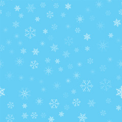 Christmas abstract background from white snowflakes on blue. Seamless pattern for design cards, posters, greeting for the new year.