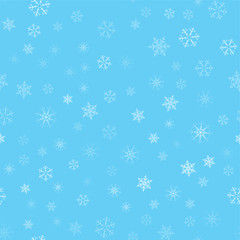 Christmas abstract background from white snowflakes on blue. Seamless pattern for design cards, posters, greeting for the new year.