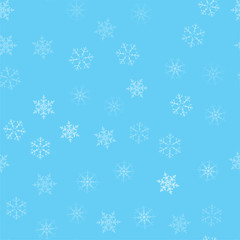 Christmas abstract background from white snowflakes on blue. Seamless pattern for design cards, posters, greeting for the new year.