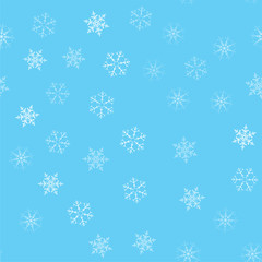 Christmas abstract background from white snowflakes on blue. Seamless pattern for design cards, posters, greeting for the new year.