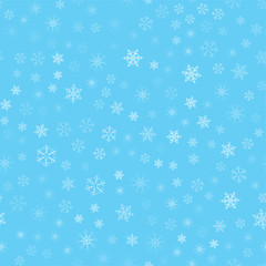 Christmas abstract background from white snowflakes on blue. Seamless pattern for design cards, posters, greeting for the new year.
