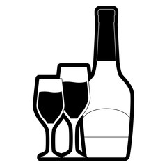 flat line  monochromatic  bottle  with  glass of champagne over white background  vector illustration