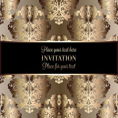 Baroque background with antique, luxury black and gold vintage frame, victorian banner, damask floral wallpaper ornaments, invitation card, baroque style booklet, fashion pattern, template for design