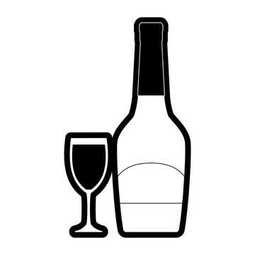 flat line  monochromatic  bottle  with  glass of champagne over white background  vector illustration