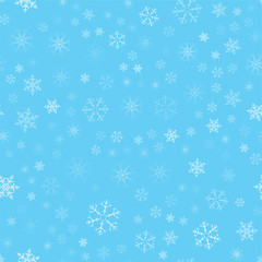 Christmas abstract background from white snowflakes on blue. Seamless pattern for design cards, posters, greeting for the new year.
