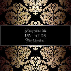 Baroque background with antique, luxury black and gold vintage frame, victorian banner, damask floral wallpaper ornaments, invitation card, baroque style booklet, fashion pattern, template for design