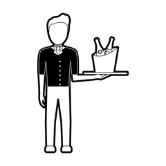 flat line monochromatic waiter man  with  wine cooler over white background  vector illustration