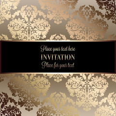 Baroque background with antique, luxury black and gold vintage frame, victorian banner, damask floral wallpaper ornaments, invitation card, baroque style booklet, fashion pattern, template for design