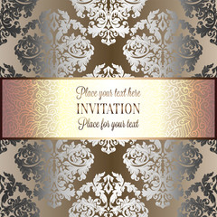 Baroque background with antique, luxury silver and gold vintage frame, victorian banner, damask floral wallpaper ornaments, invitation card, baroque style booklet, fashion pattern