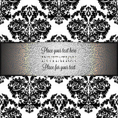 Baroque background with antique, luxury gray, black and metal silver vintage frame, victorian banner, damask floral wallpaper ornaments, invitation card, baroque style booklet, fashion pattern