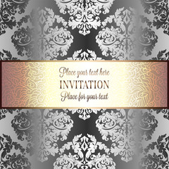Baroque background with antique, luxury silver and gold vintage frame, victorian banner, damask floral wallpaper ornaments, invitation card, baroque style booklet, fashion pattern
