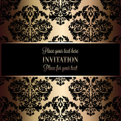 Baroque background with antique, luxury black and gold vintage frame, victorian banner, damask floral wallpaper ornaments, invitation card, baroque style booklet, fashion pattern, template for design