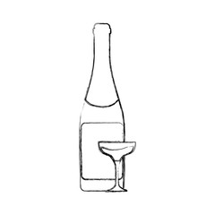 flat line  uncolored   bottle  with glass of champagne over white background  vector illustration