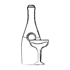 flat line  uncolored   bottle  with glass of champagne over white background  vector illustration