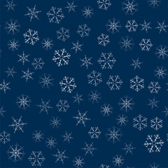 abstract seamless pattern made of snowflakes on blue. Christmas background for design of posters, postcards, invitation for the new year.