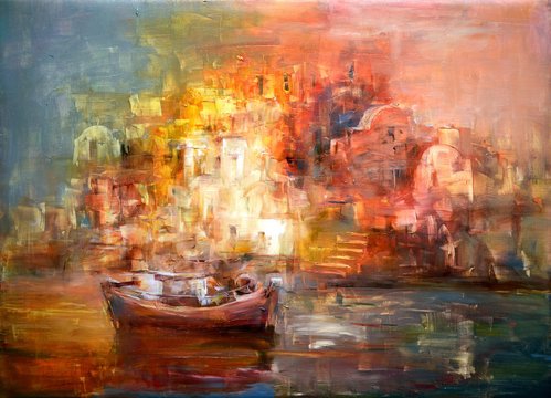 Boats On The Island Harbor,handmade Painting