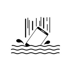Smart phone drop into the water with splashes  vector illustration black lines, isolated on white background. Waterproof system concept. icon style.