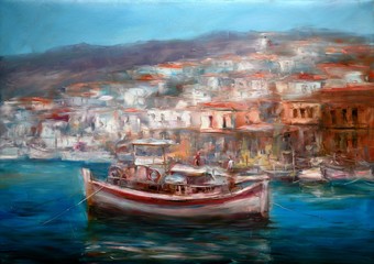 Fototapeta na wymiar Boats On The Island Harbor,handmade Painting