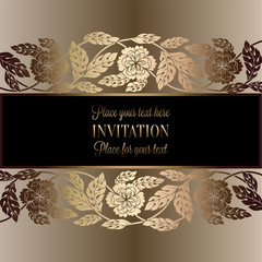 Floral background with antique, luxury black, beige and gold vintage frame, victorian banner, damask floral wallpaper ornaments, invitation card, baroque style booklet, fashion pattern, template