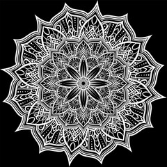 Round white lace ornament on black, vector  doily, mandala, circle lacy decoration