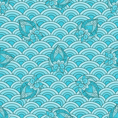 Blue scale, abstract seamless pattern, abstract flowers, vector illustration