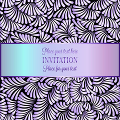 Romantic background with antique, luxury black and shiny lilac vintage frame, victorian banner, made of feathers wallpaper ornaments, invitation card, baroque style booklet,template for design