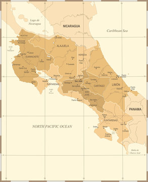 Costa Rica Map - Vintage Detailed Vector Illustration