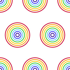Fototapeta na wymiar Abstract vector seamless pattern with rainbow circles on white background. Flat illustration of targets. Color image with geometric figures. Hipster filing. Cute and beautiful print.