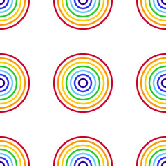 Abstract vector seamless pattern with rainbow circles on white background. Flat illustration of targets. Color image with geometric figures. Hipster filing. Cute and beautiful print.