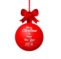 Fototapeta na wymiar Merry Christmas and Happy New Year 2018 with red christmas ball and a bow