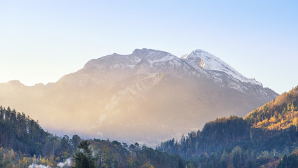 Fototapeta premium Beautiful Swiss Alps mountain landscape with forest at Interlaken, Switzerland
