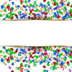 White banner with colorful confetti and colorful serpentine. New Year background. Vector illustration.