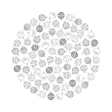 Vector decorative round from hand drawn  Christmas tree ball toys. Coloring page book from Christmas tree ball toy