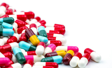 Selective focus of antibiotic capsules pills on blur background with copy space. Drug resistance concept. Antibiotics drug use with reasonable and global healthcare concept.
