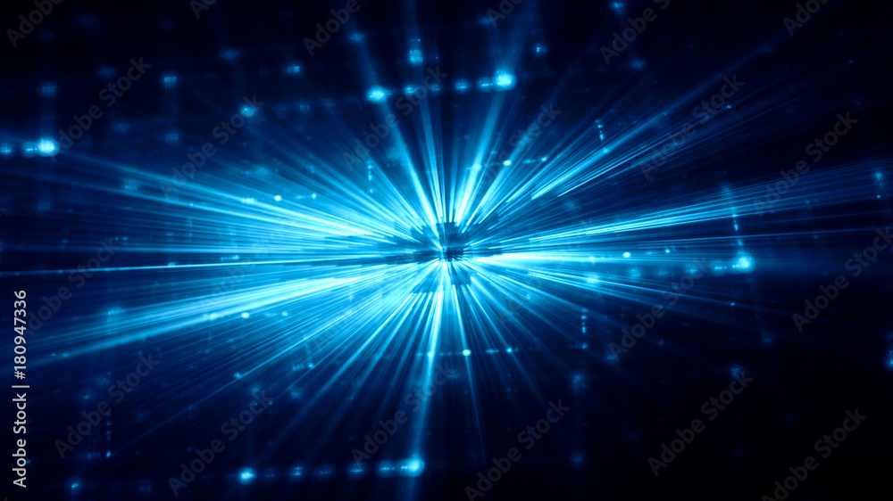 Fototapete Abstract blue and black background. Fractal graphics series. Three-dimensional composition of bokeh blurs and light beams.